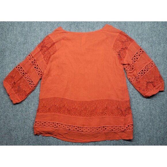 Chicos Blouse Womens 2 Orange Pure Rayon Floral 3/4 Sleeve Pullover Round Neck - Picture 2 of 11